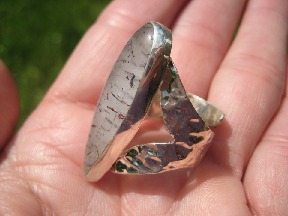 925 Silver Black Rutile Quartz Ring Taxco Mexico Size 8 Adjustable A2588