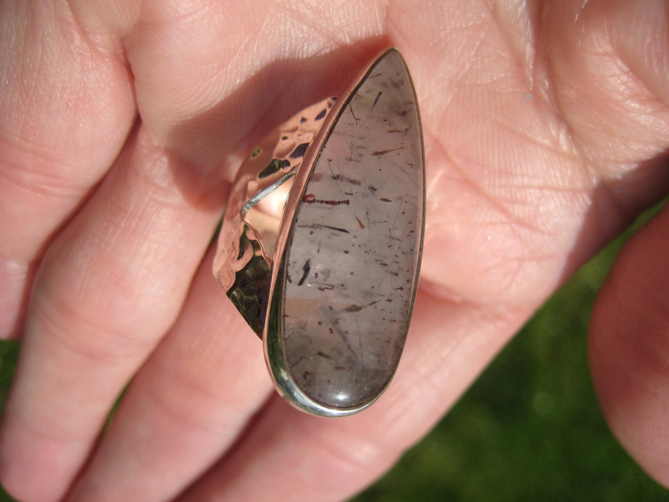 925 Silver Black Rutile Quartz Ring Taxco Mexico Size 8 Adjustable A2588