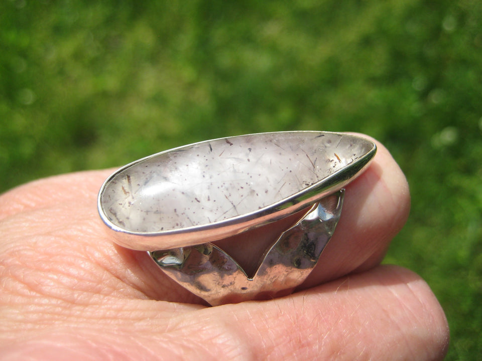 925 Silver Black Rutile Quartz Ring Taxco Mexico Size 8 Adjustable A2588