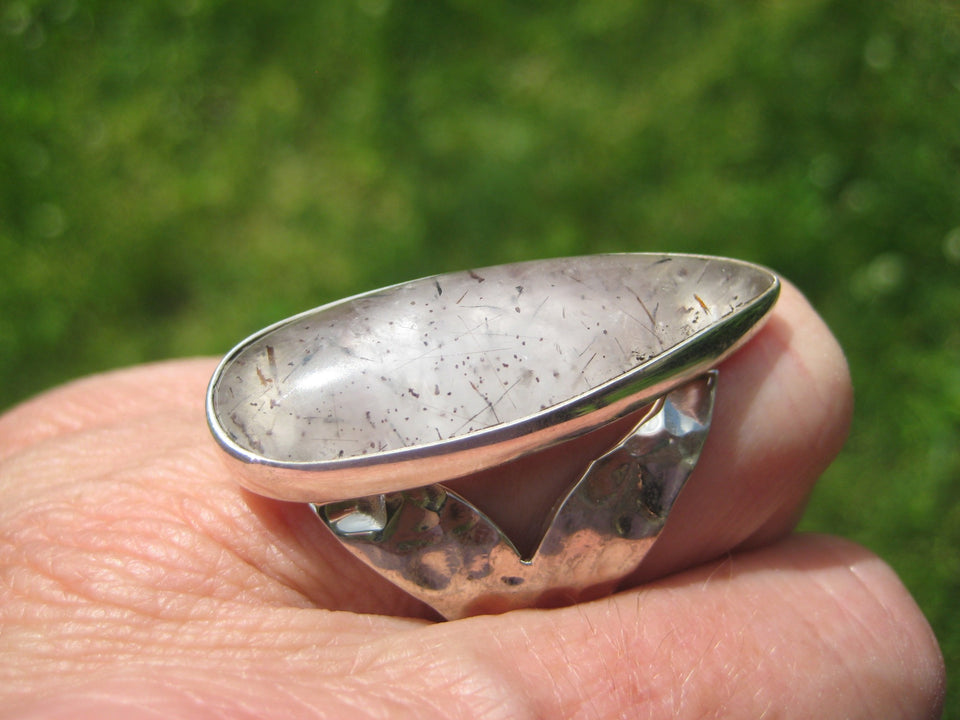 925 Silver Black Rutile Quartz Ring Taxco Mexico Size 8 Adjustable A2588