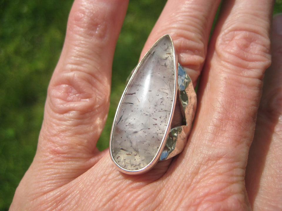 925 Silver Black Rutile Quartz Ring Taxco Mexico Size 8 Adjustable A2588