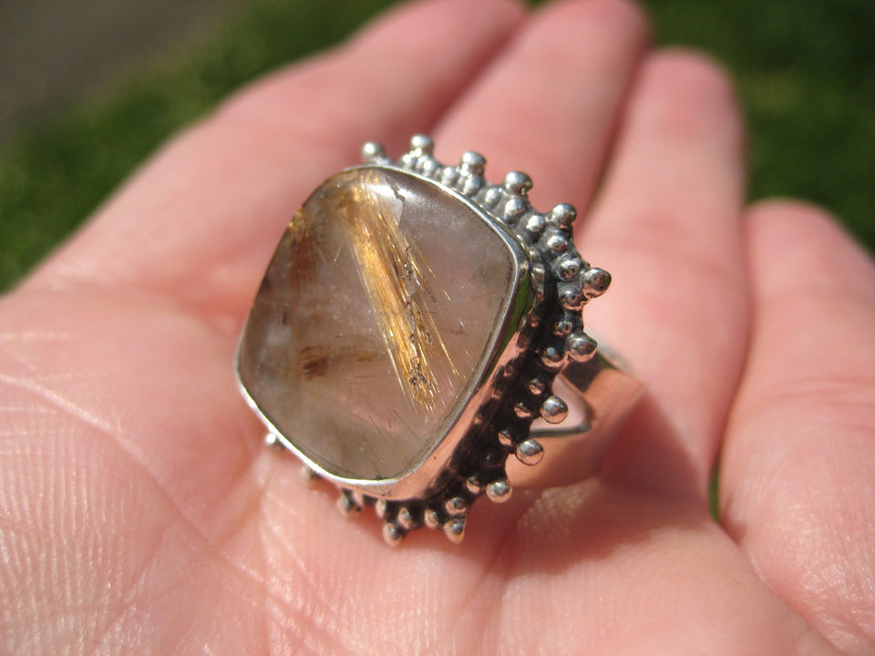 925 Silver Golden Rutile Quartz Stone Ring Taxco Size 7.25 Adjustable A6377