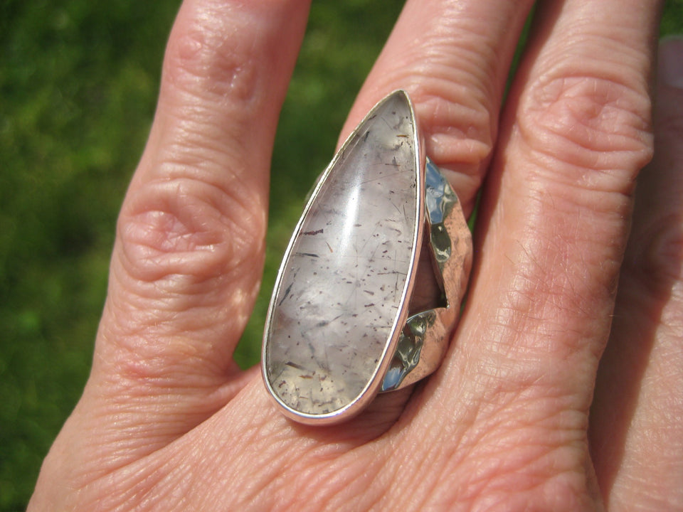 925 Silver Black Rutile Quartz Ring Taxco Mexico Size 8 Adjustable A2588