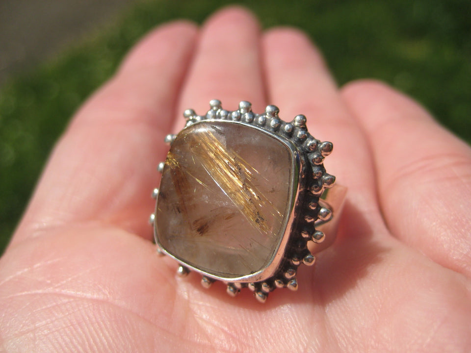 925 Silver Golden Rutile Quartz Stone Ring Taxco Size 7.25 Adjustable A6377