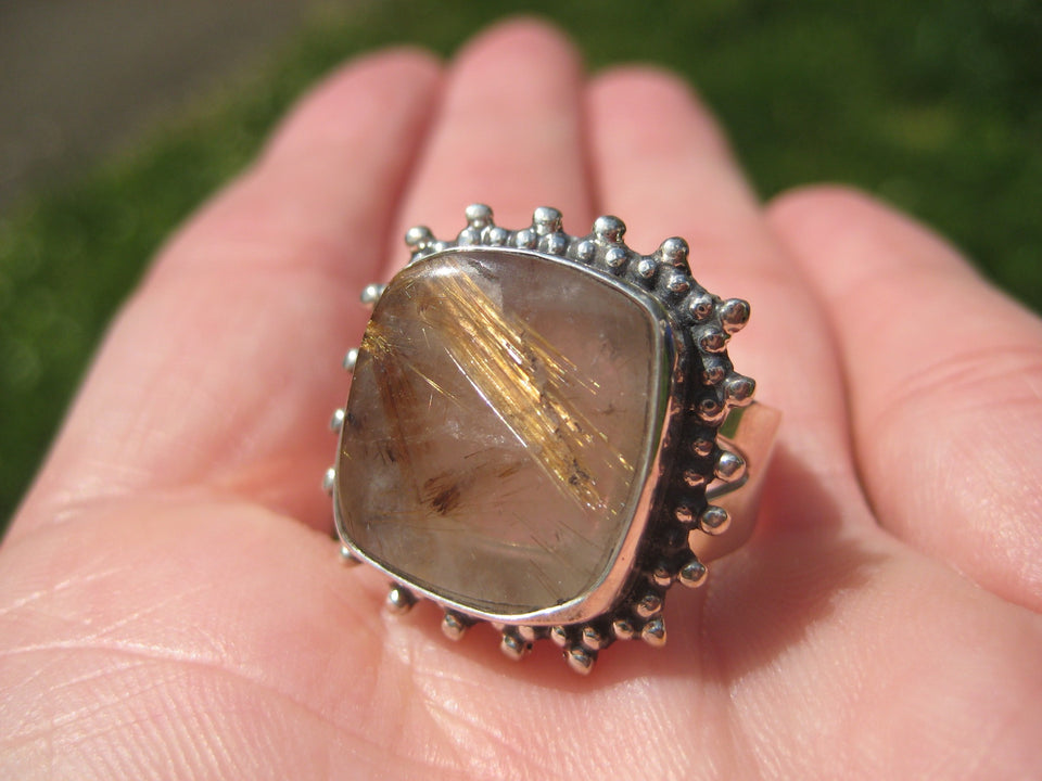 925 Silver Golden Rutile Quartz Stone Ring Taxco Size 7.25 Adjustable A6377