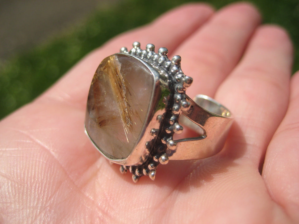 925 Silver Golden Rutile Quartz Stone Ring Taxco Size 7.25 Adjustable A6377
