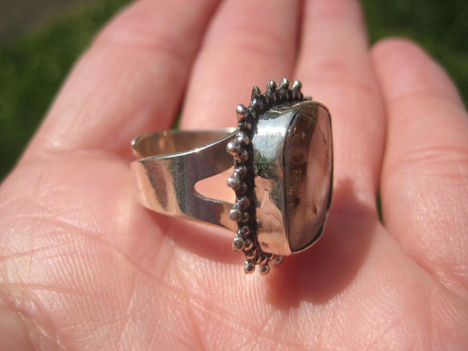 925 Silver Golden Rutile Quartz Stone Ring Taxco Size 7.25 Adjustable A6377