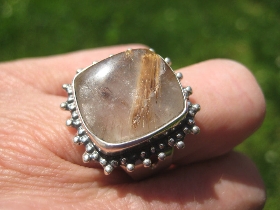 925 Silver Golden Rutile Quartz Stone Ring Taxco Size 7.25 Adjustable A6377