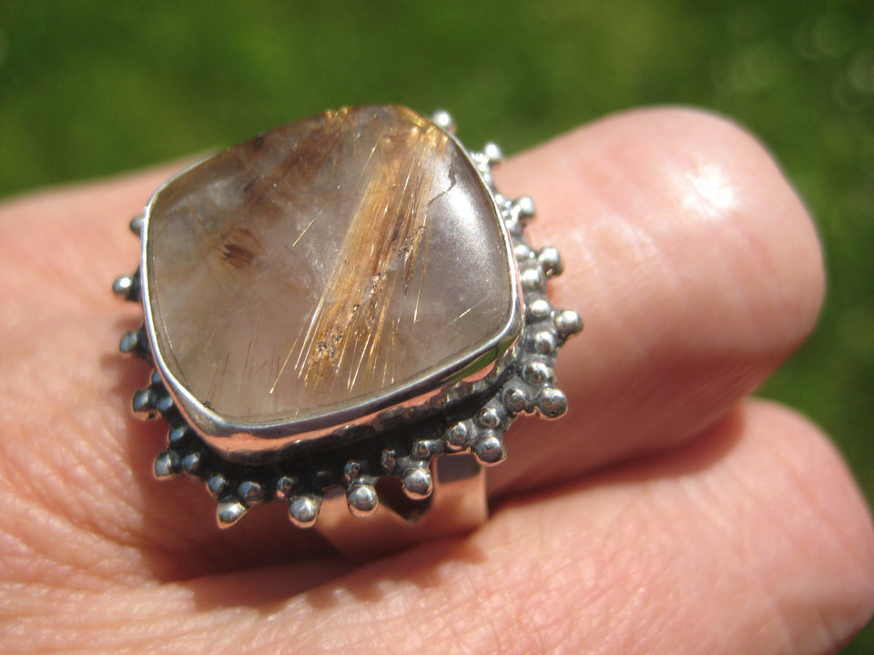 925 Silver Golden Rutile Quartz Stone Ring Taxco Size 7.25 Adjustable A6377
