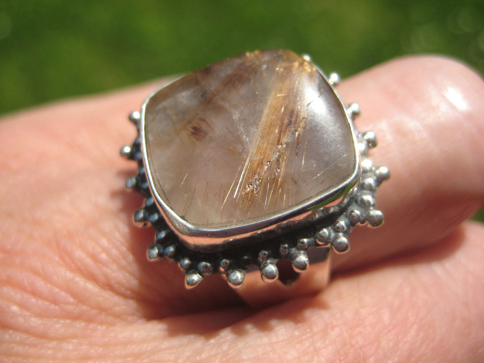 925 Silver Golden Rutile Quartz Stone Ring Taxco Size 7.25 Adjustable A6377