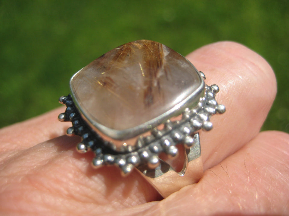 925 Silver Golden Rutile Quartz Stone Ring Taxco Size 7.25 Adjustable A6377