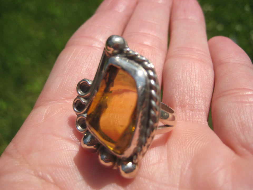 925 Silver Chiapas Amber Ring Taxco Mexico Size 7.5 A2732