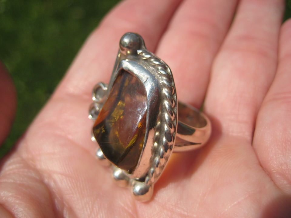 925 Silver Chiapas Amber Ring Taxco Mexico Size 7.5 A2732