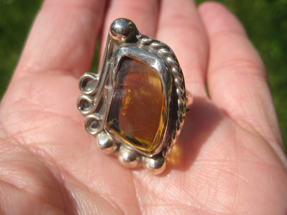 925 Silver Chiapas Amber Ring Taxco Mexico Size 7.5 A2732