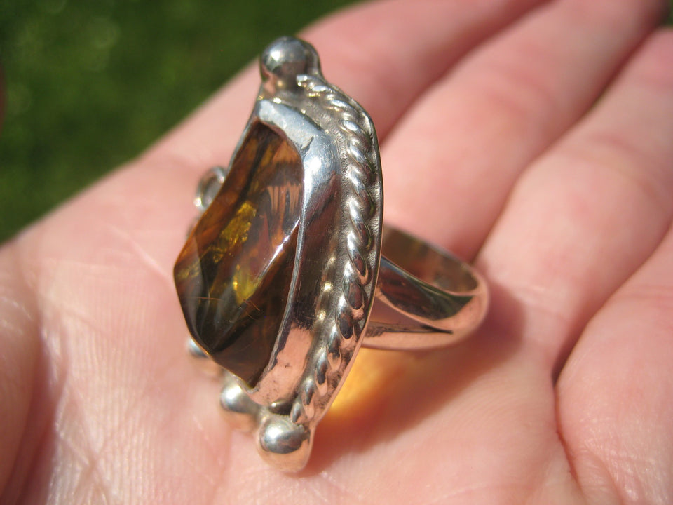 925 Silver Chiapas Amber Ring Taxco Mexico Size 7.5 A2732