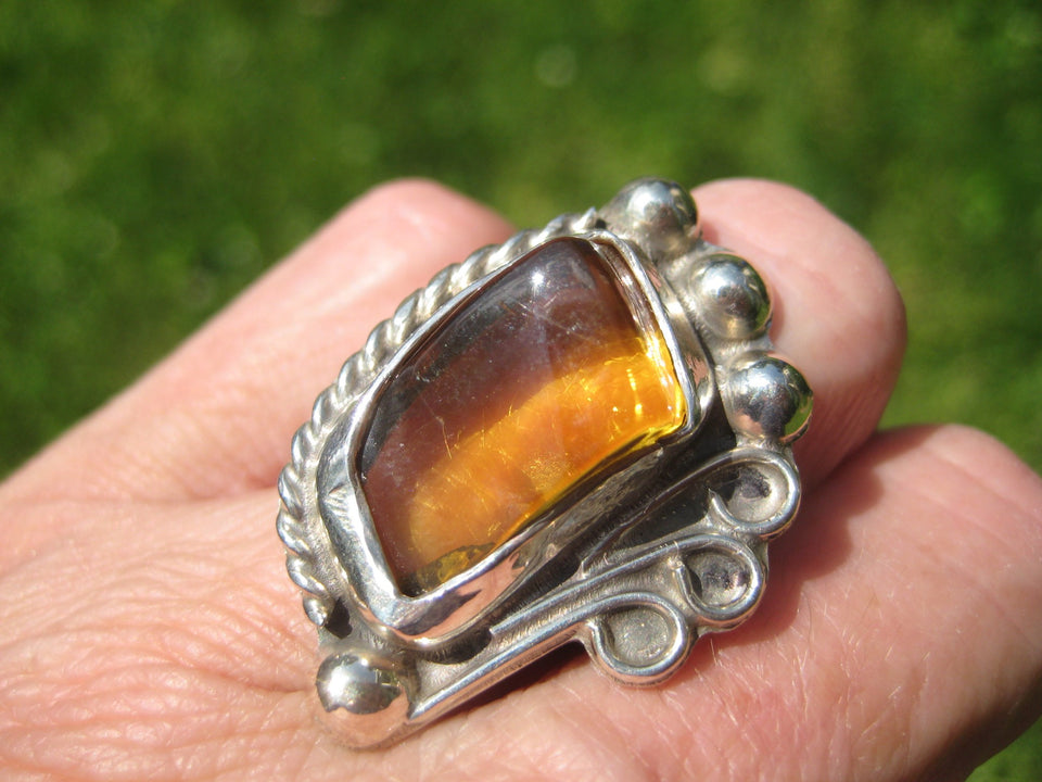 925 Silver Chiapas Amber Ring Taxco Mexico Size 7.5 A2732