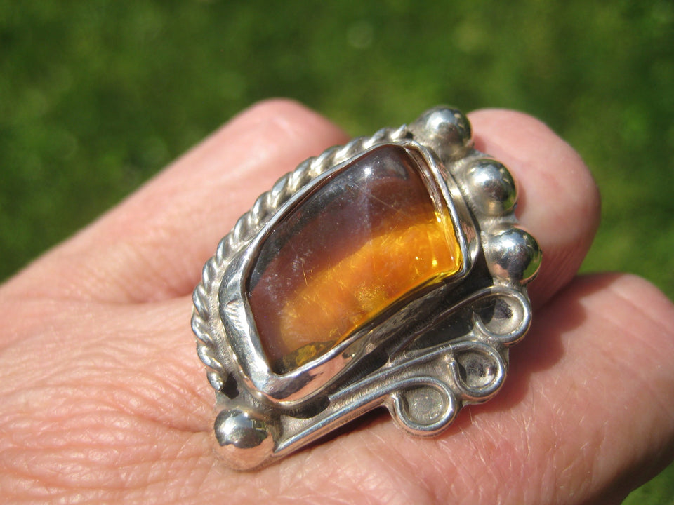 925 Silver Chiapas Amber Ring Taxco Mexico Size 7.5 A2732