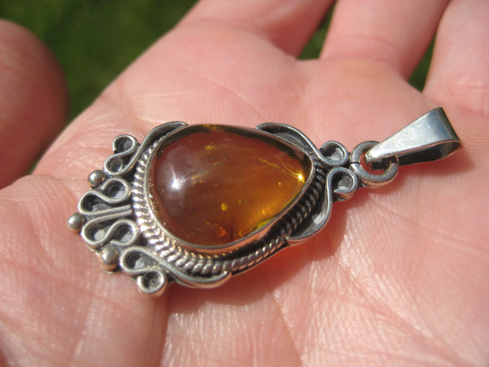 925 Silver Chiapas Amber Pendant Taxco Mexico A6388
