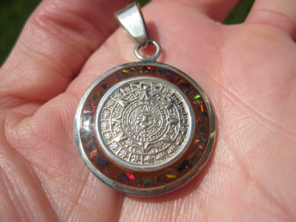 925 Silver Mayan Calendar Synthetic Opal Pendant Taxco Mexico A2837