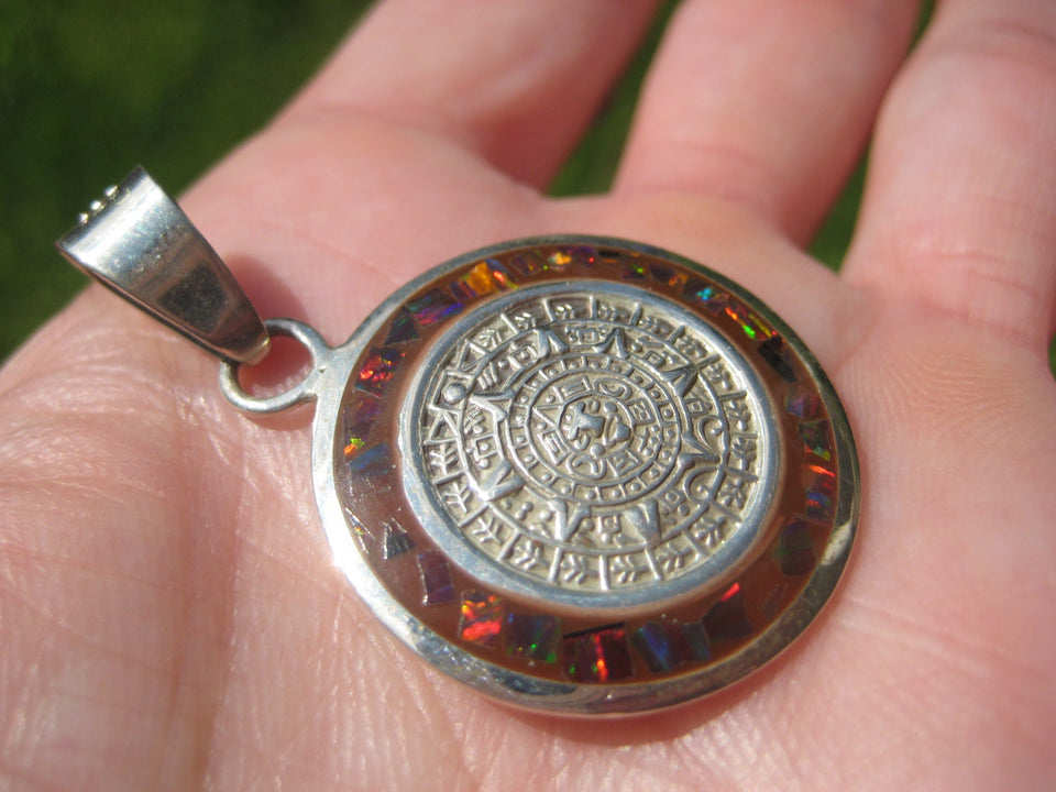 925 Silver Mayan Calendar Synthetic Opal Pendant Taxco Mexico A2837