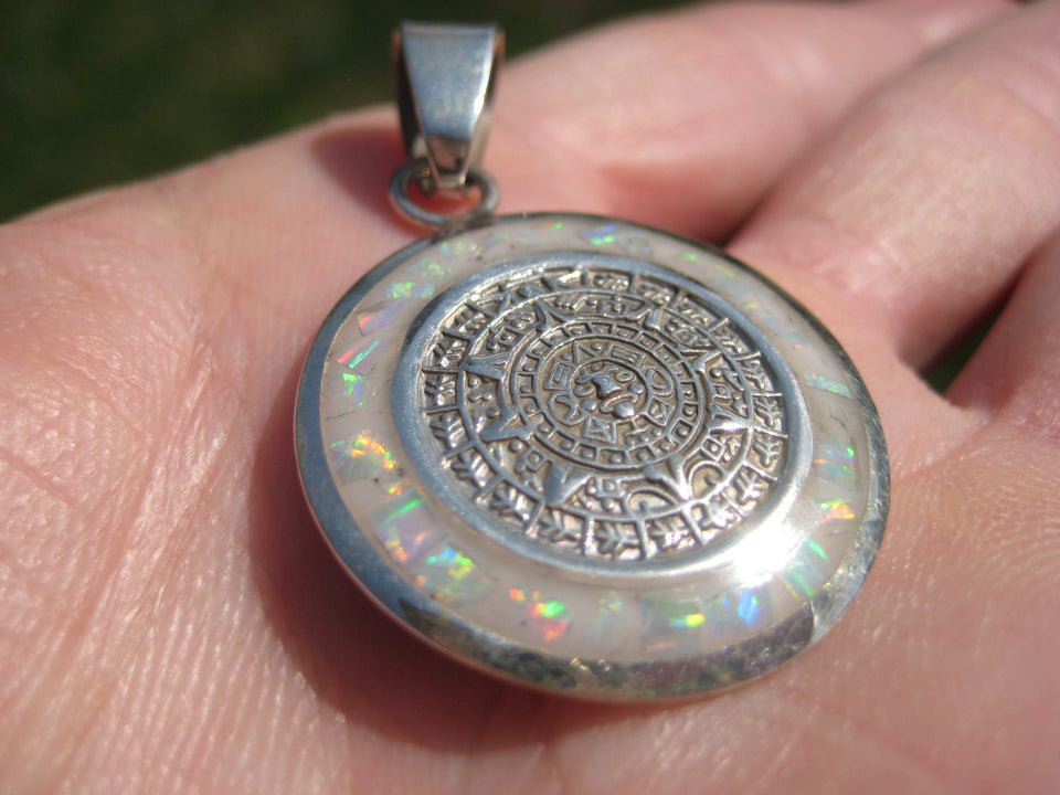 925 Silver Mayan Calendar Synthetic Opal Pendant Taxco Mexico A2868