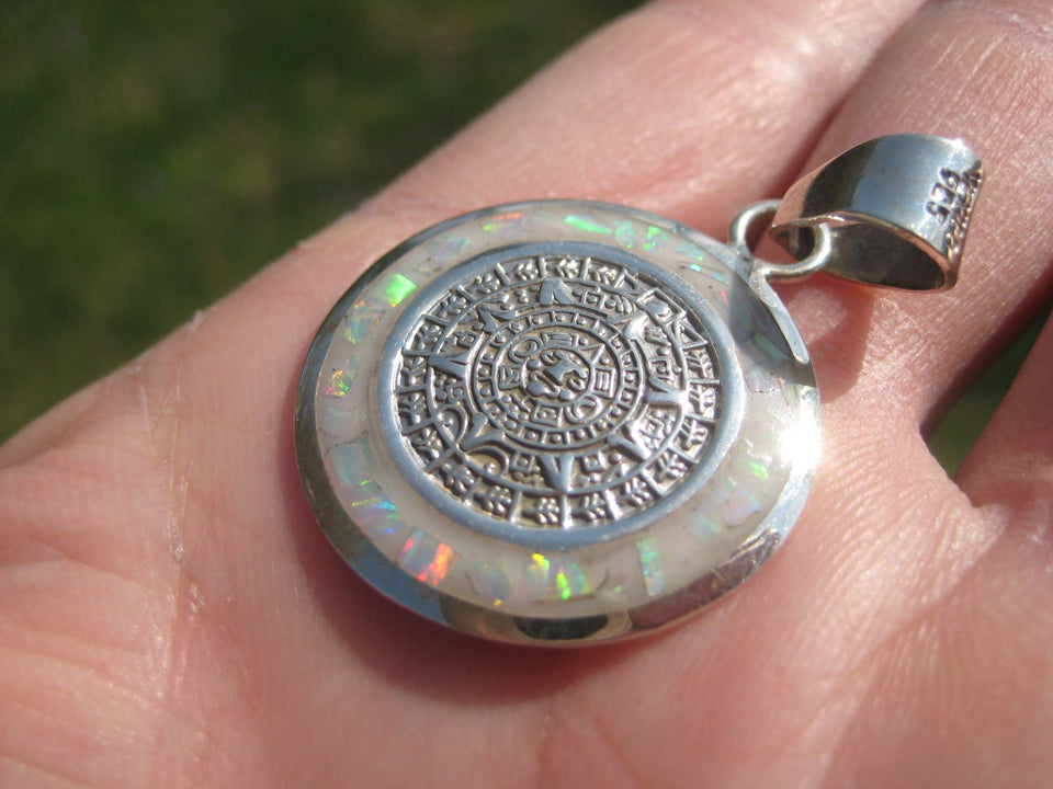 925 Silver Mayan Calendar Synthetic Opal Pendant Taxco Mexico A2868