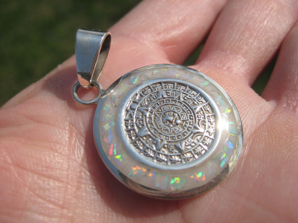 925 Silver Mayan Calendar Synthetic Opal Pendant Taxco Mexico A2868