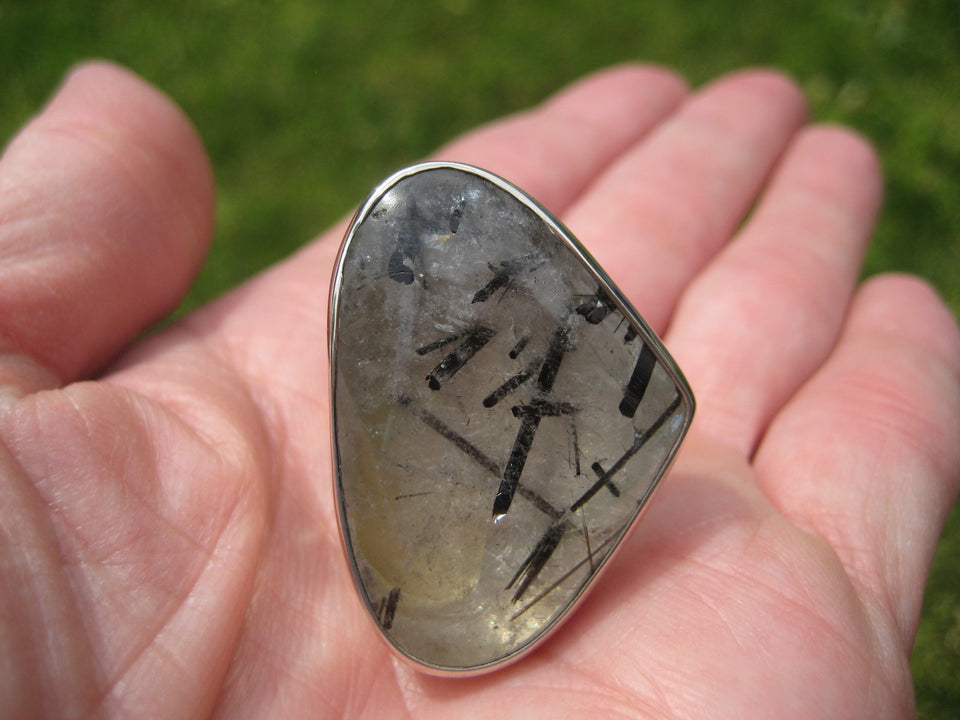 925 Silver Black Rutile Quartz Ring Taxco Mexico Size 7 Adjustable A23544