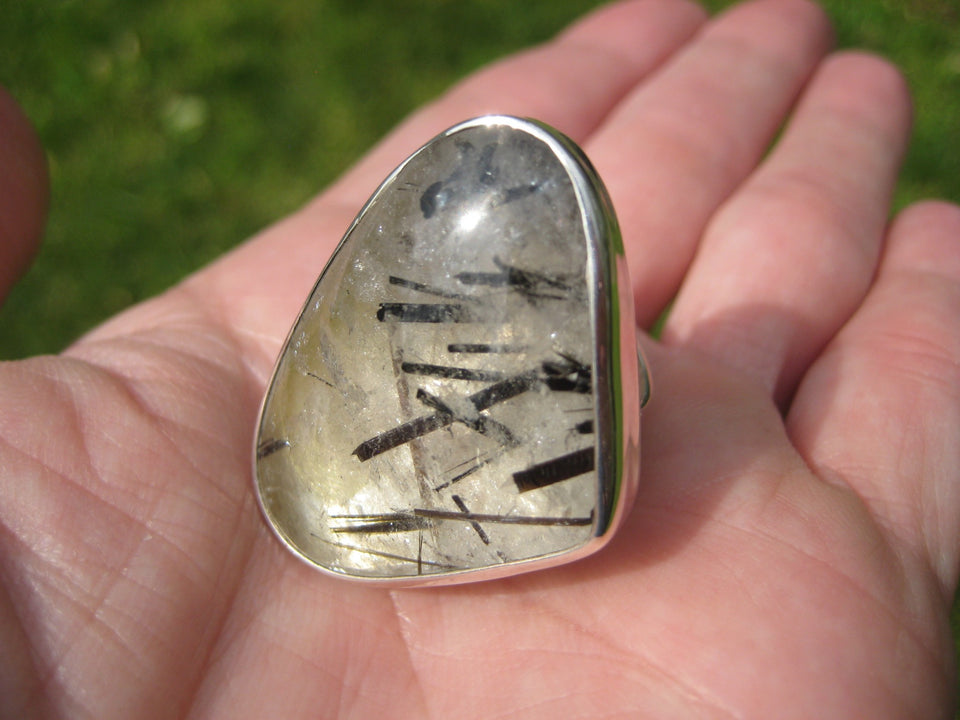 925 Silver Black Rutile Quartz Ring Taxco Mexico Size 7 Adjustable A23544