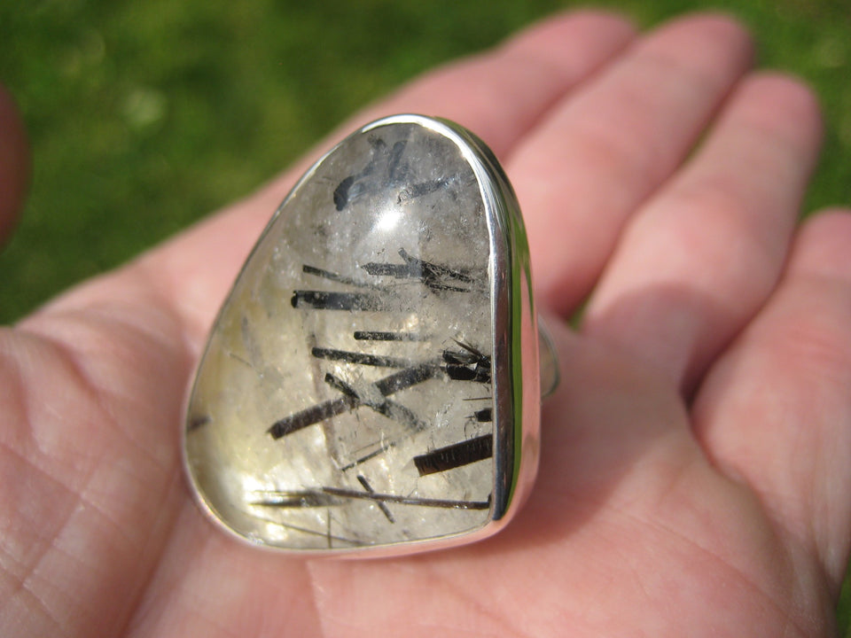 925 Silver Black Rutile Quartz Ring Taxco Mexico Size 7 Adjustable A23544