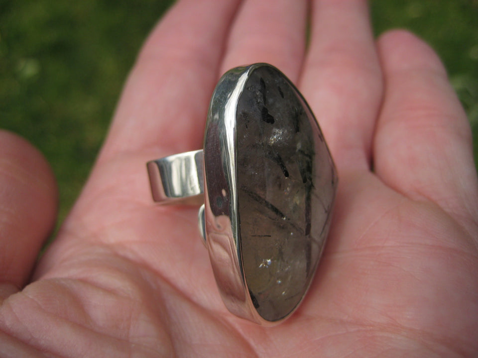 925 Silver Black Rutile Quartz Ring Taxco Mexico Size 7 Adjustable A23544