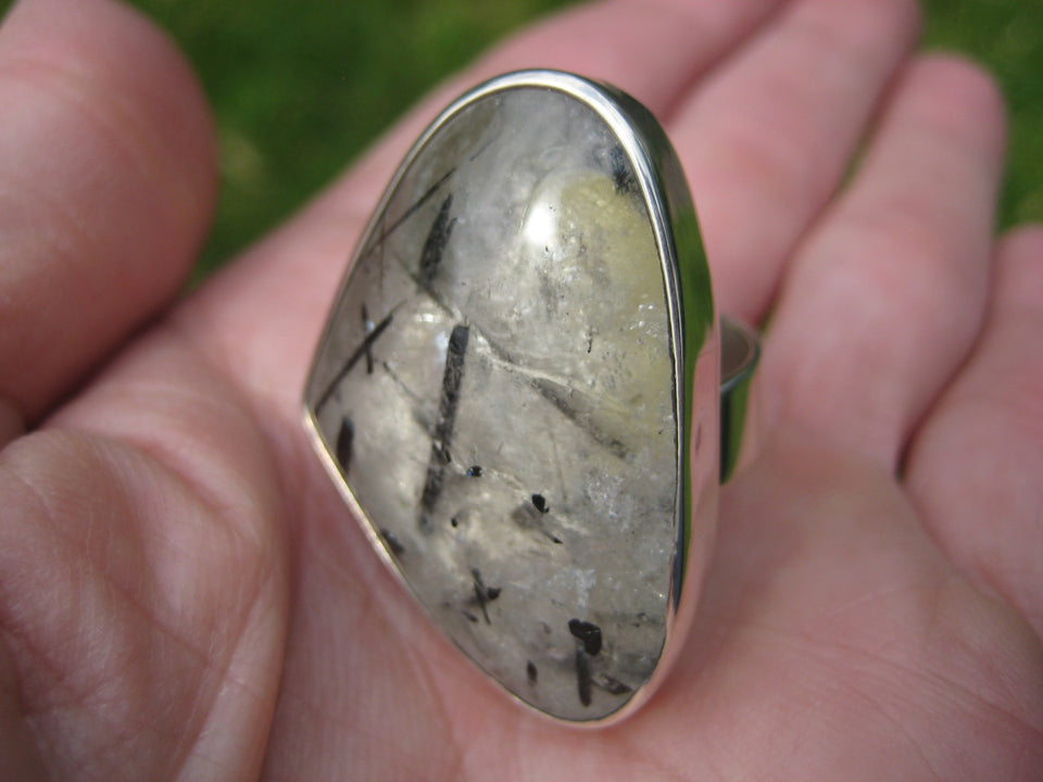 925 Silver Black Rutile Quartz Ring Taxco Mexico Size 7 Adjustable A23544