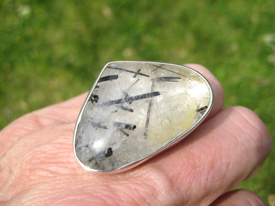 925 Silver Black Rutile Quartz Ring Taxco Mexico Size 7 Adjustable A23544