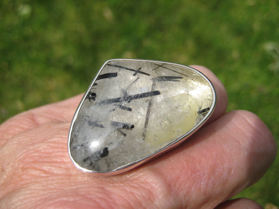 925 Silver Black Rutile Quartz Ring Taxco Mexico Size 7 Adjustable A23544