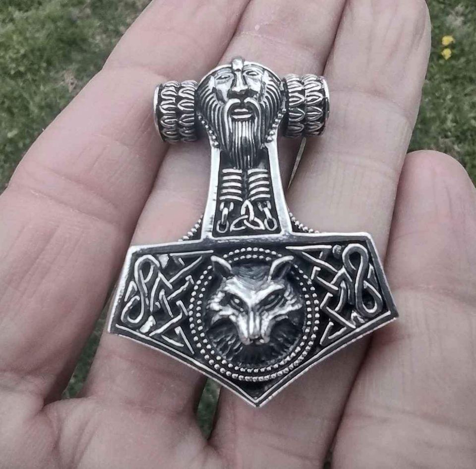 925 Silver Viking Mjolnir Mjolhner Odin Wolf Hammer of Thor Pendant A19