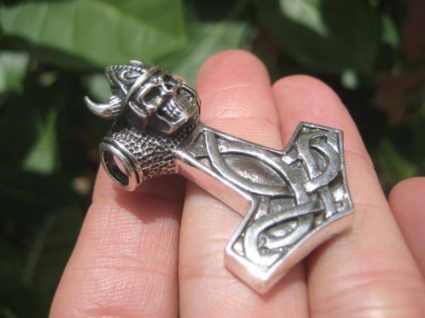 925 Silver Viking Skull Helmet Mjolnir Mjolhner Hammer of Thor Pendant