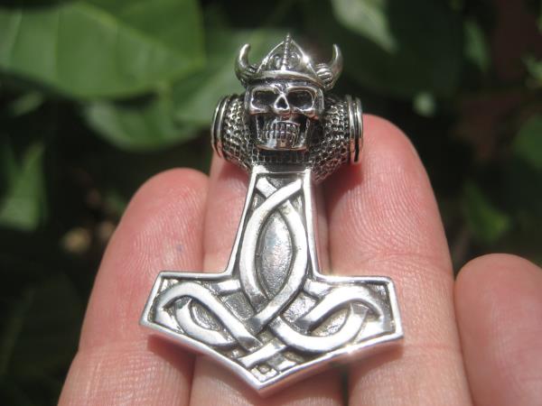 925 Silver Viking Skull Helmet Mjolnir Mjolhner Hammer of Thor Pendant