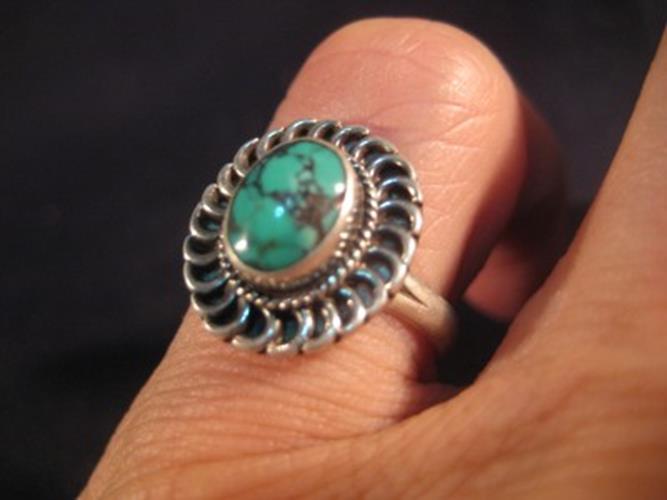 925 Silver Tibetan Turquoise crystal stone Ring Nepal jewelry art Size 5.5 N3966