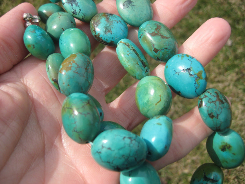 925 Silver Natural Tibetan Turquoise Bead Necklace Nepal Jewelry Art A2799