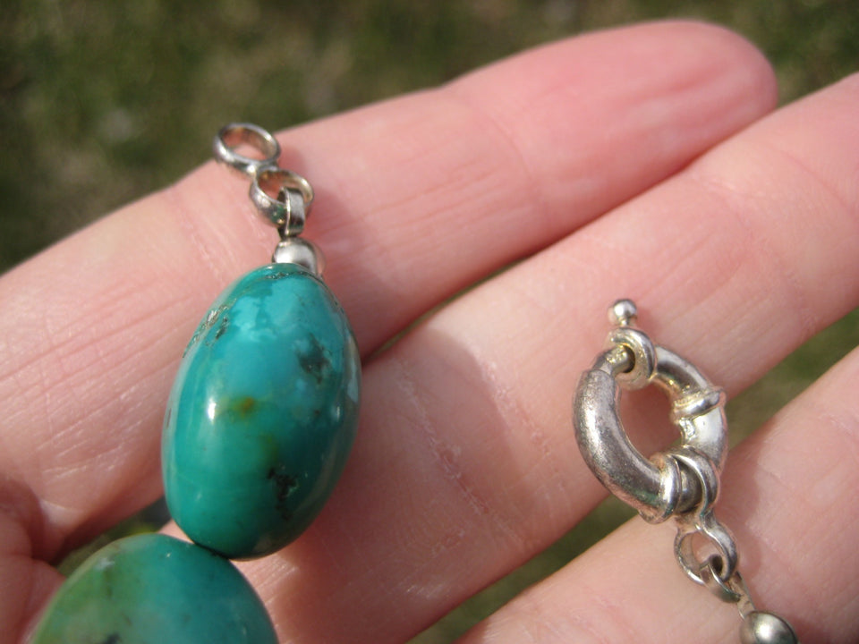 925 Silver Natural Tibetan Turquoise Bead Necklace Nepal Jewelry Art A2799