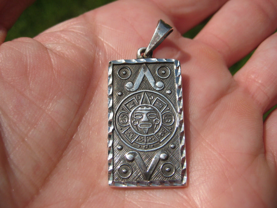 925 Silver Aztec  Mayan God Calendar Pendant necklace A2755