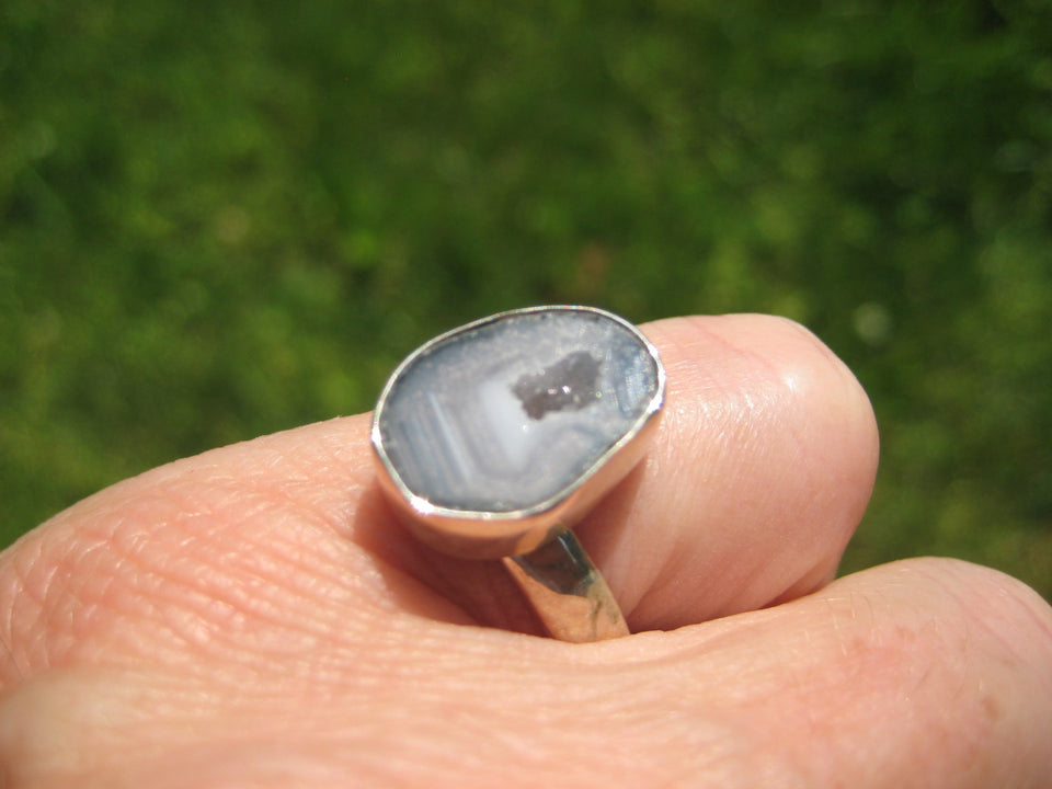 925 Silver Agate Geode Drusy Ring Taxco Mexico Size 7.5 Adjustable A34233