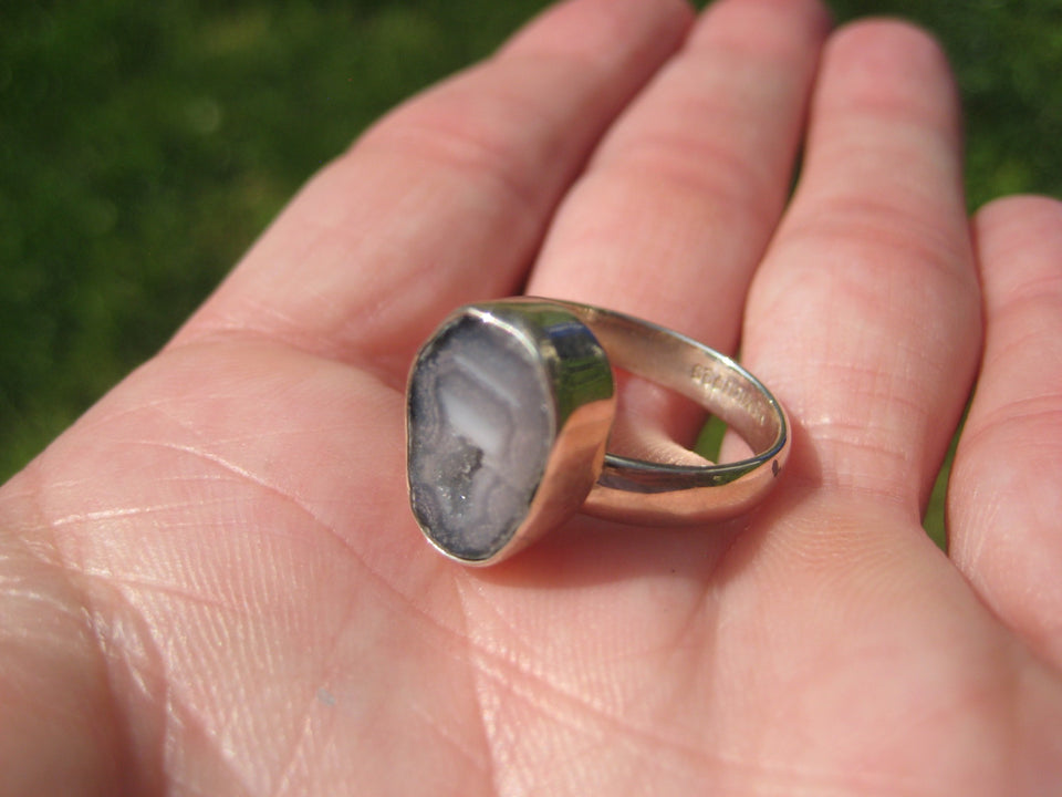 925 Silver Agate Geode Drusy Ring Taxco Mexico Size 7.5 Adjustable A34233