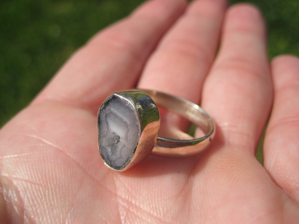 925 Silver Agate Geode Drusy Ring Taxco Mexico Size 7.5 Adjustable A34233