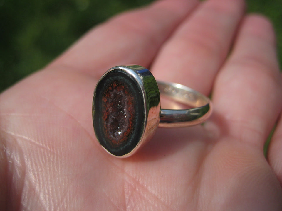 925 Silver Agate Geode Drusy Ring Taxco Mexico Size 7.5 Adjustable A7266