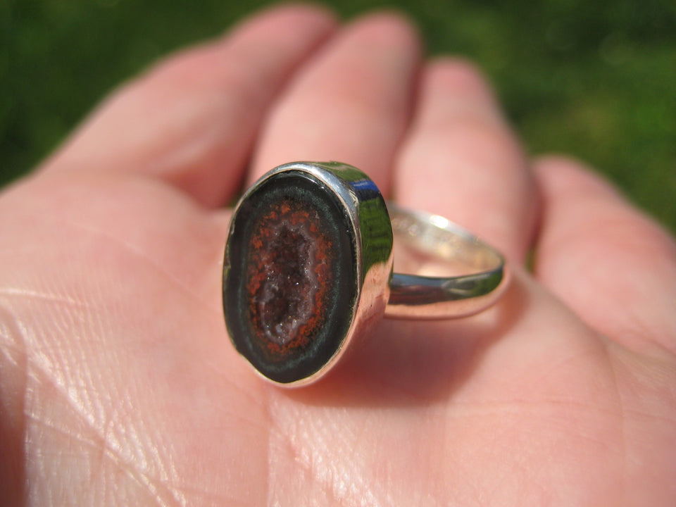 925 Silver Agate Geode Drusy Ring Taxco Mexico Size 7.5 Adjustable A7266