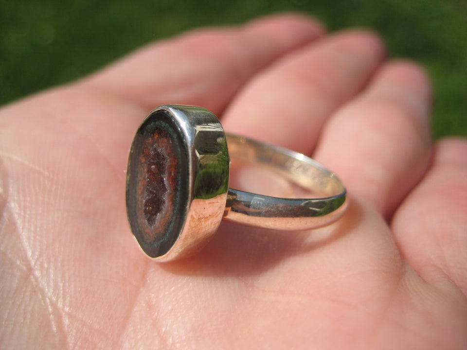 925 Silver Agate Geode Drusy Ring Taxco Mexico Size 7.5 Adjustable A7266