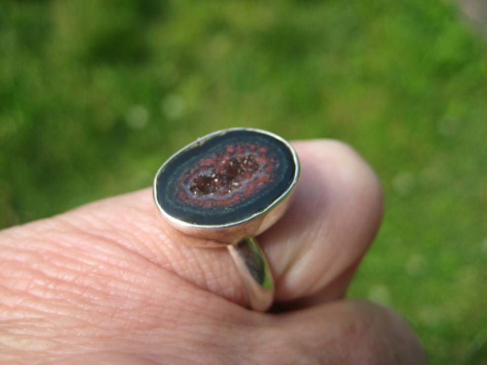 925 Silver Agate Geode Drusy Ring Taxco Mexico Size 7.5 Adjustable A7266