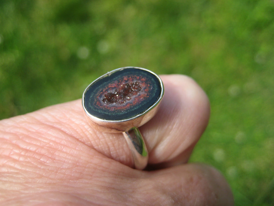 925 Silver Agate Geode Drusy Ring Taxco Mexico Size 7.5 Adjustable A7266