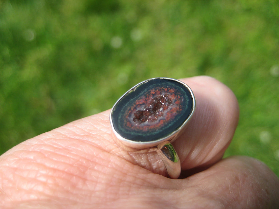 925 Silver Agate Geode Drusy Ring Taxco Mexico Size 7.5 Adjustable A7266